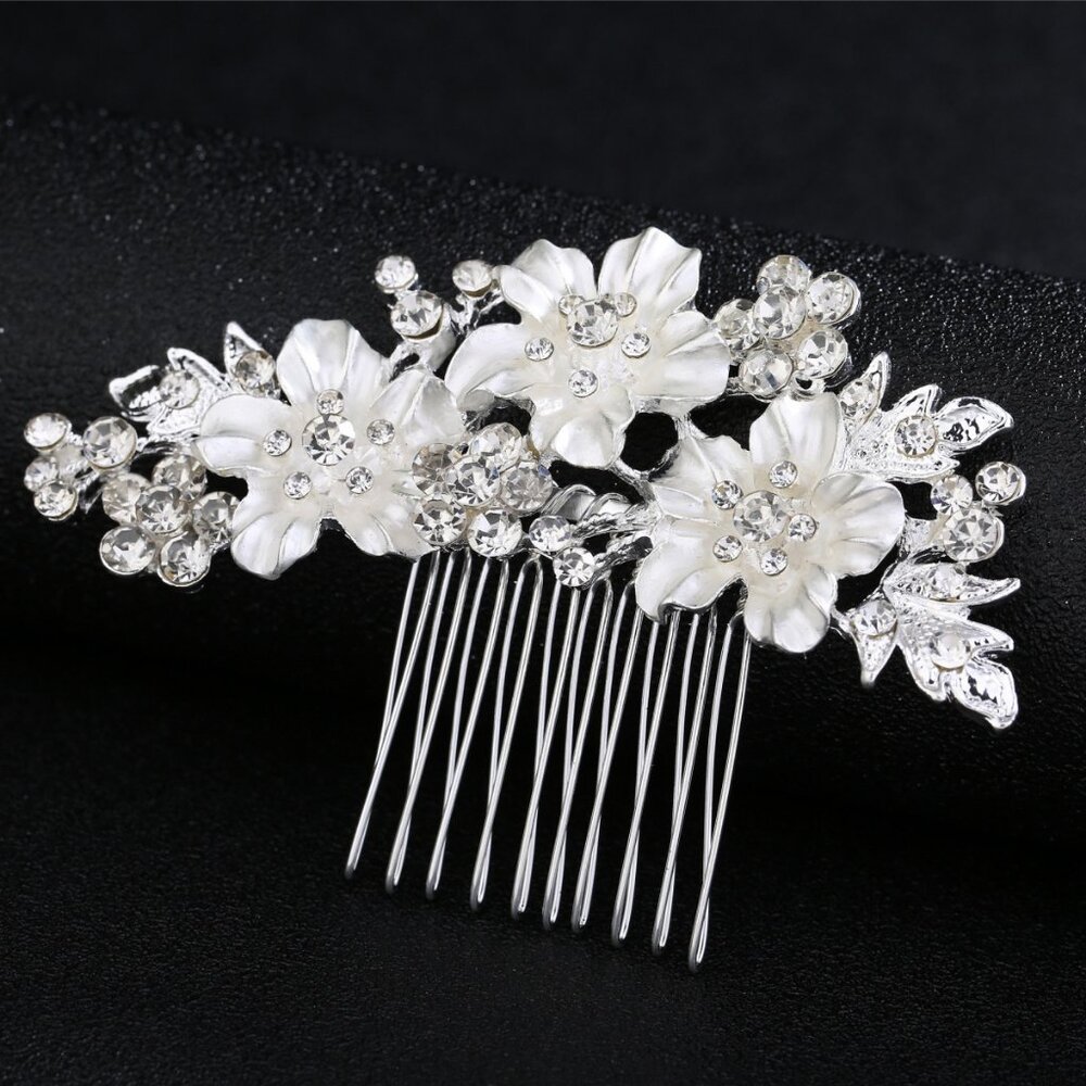 Silver Floral Pearl and Crystal Hair Comb - White Flowers